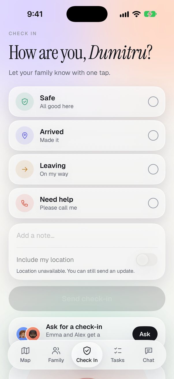 The Check In screen with four status cards and SOS