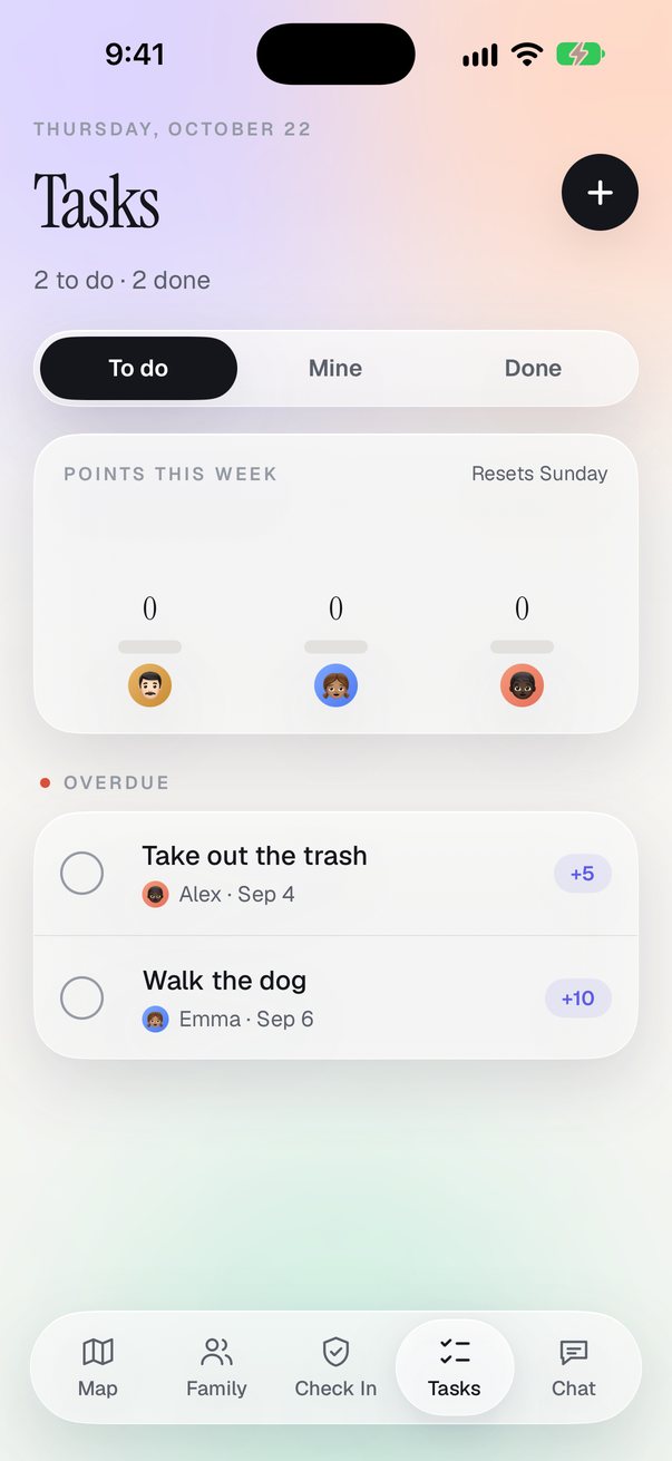 The Tasks screen with points and due tasks